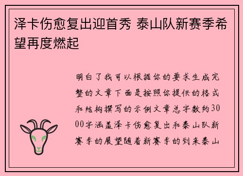 泽卡伤愈复出迎首秀 泰山队新赛季希望再度燃起